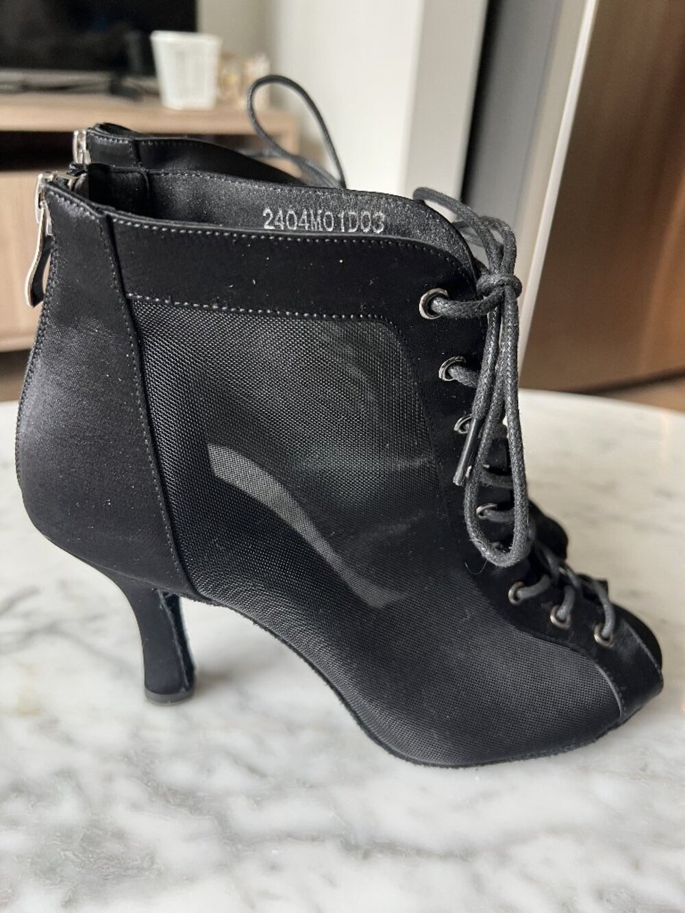Burju "Simona" Lace-Up Dance Booties – Black Satin Mesh Open Toe, Suede Sole,7.